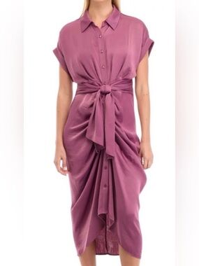 Steve Madden Tori Dress Size 10 Royal Plum Satin Shirtdress Tie Waist High Low
